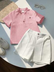 SHEIN LMoss Kids Bộ 2 món áo sơ mi ngắn tay cổ chữ V và quần short cho bé trai - Bụi hồng - Xem 3