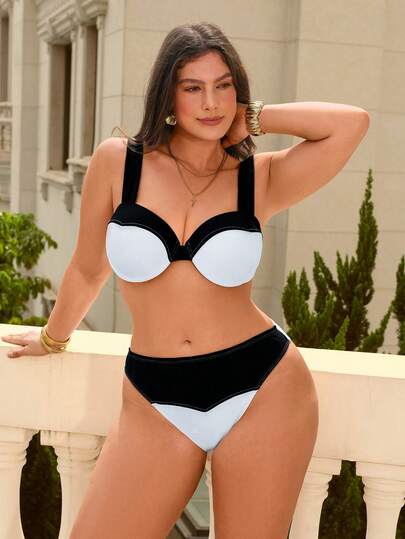 Swim Chiccia Plus Size Women's Summer Beach Contrast Color Sexy Bikini Swimsuit Set