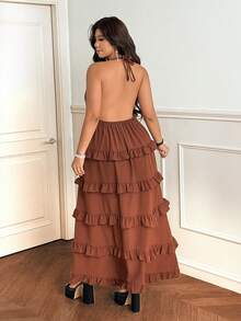 Vionelle Plus Size Summer Vacation Solid Color Ruffle Hem Halter Dress - Coffee Brown - View 5