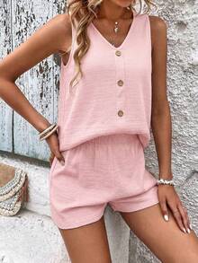 SHEIN LUNE Bộ đồ 2 món dành cho nữ, kiểu dáng thường ngày, màu trơn, gồm áo tank top và quần short, thích hợp cho kỳ nghỉ. - Hồng - Xem 3
