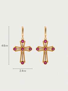 Glisma 18K镀金精致十字架玫瑰红宝石气质耳环 - 金黃色 - 查看 8