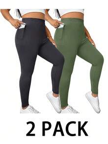 SHEIN Essnce Plus Size Women's 2 Pieces Of Dark Green Leggings With Pockets,Yoga Fitness Pants,Comfort Capri Joggers Gym,Gothic Sommar Lounge Sets,Casual Elegant - Multicolor - View 1