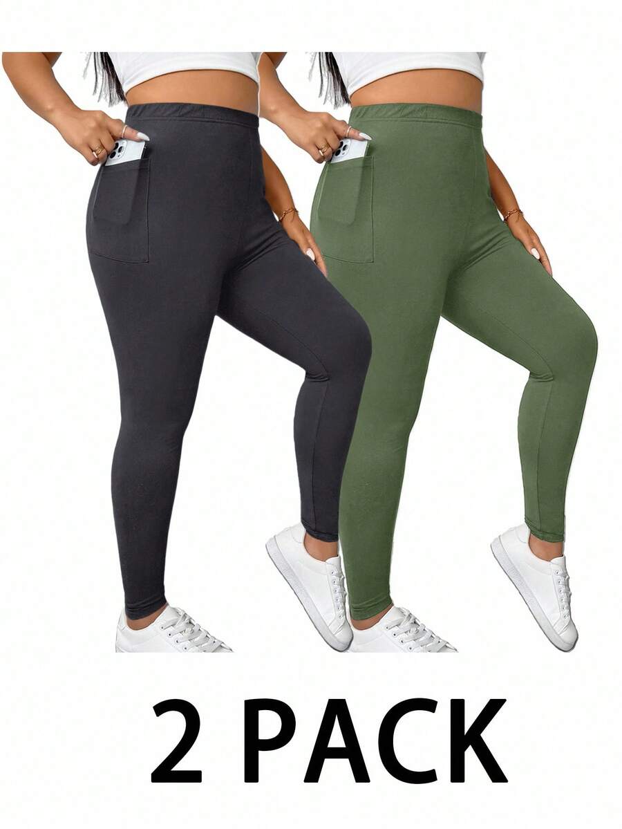 SHEIN Essnce Plus Size Women's 2 Pieces Of Dark Green Leggings With Pockets,Yoga Fitness Pants,Comfort Capri Joggers Gym,Gothic Sommar Lounge Sets,Casual Elegant - Multicolor - View 1