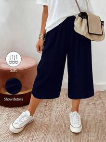 SHEIN PETITE CURVE 大码女式休闲抽绳腰针织七分裤 - 藏蓝色 - 查看 1