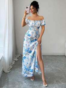 Selianne 女士优雅时尚通勤休闲舒适迷人复古简约高端浪漫假日温柔淑女泡泡短袖露肩抽绳蝴蝶结腰后系带A字下摆印花缎面连衣裙（随机印花） - 藍色 - 查看 6