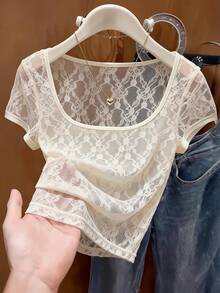 Franclia Elegant Apricot Lace Blouse For Women, Suitable For Summer - Apricot - View 4