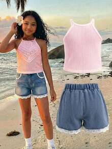 Sparklyn 少女度假休闲露背上衣和牛仔短裤套装 - 粉色 - 查看 2