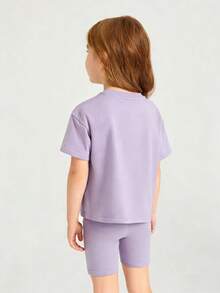 Young Girl 2pcs/Set Solid Color Round Neck Short Sleeve T-Shirt And Shorts Casual Outfit - Multicolor - View 2