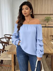 EMERY ROSE Plus Size Women's Casual Solid Color Off-Shoulder Blouse - Baby Blue - View 7