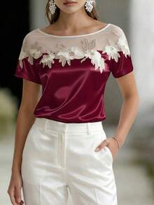 Balvessa 女士优雅圆领修身日常、度假、休闲、派对花卉装饰缎面衬衫，做工精良，春夏休闲短袖衬衫 - 彩色 - 查看 3