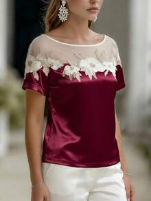 Balvessa 女士优雅圆领修身日常、度假、休闲、派对花卉装饰缎面衬衫，做工精良，春夏休闲短袖衬衫 - 彩色 - 查看 4