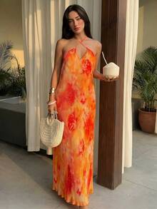Aloruh 新款春夏露背吊带褶皱印花连衣裙，优雅性感度假风，适合婚礼宾客、海滩度假等场合，橙色印花连衣裙，黄色印花连衣裙，女士夏季连衣裙，女士夏季沙滩连衣裙，女士夏季穿搭 - 橘色 - 查看 13