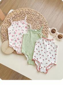SHEIN LMoss Kids 3件套新生女宝宝可爱休闲针织花卉波点图案连体衣套装 - 彩色 - 查看 7