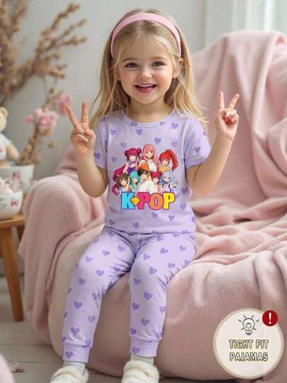 Bộ đồ mặc nhà thoải mái, tay ngắn và quần dài phối màu dành cho bé gái, phù hợp cho mùa xuân và mùa hè.