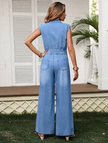 Breezaya Women's Summer Casual Washed Front Button Sleeveless Denim Jumpsuit - Blue - View 2