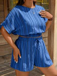 SHEIN LUNE Plus Size Casual Boho Striped Batwing Blouse And Shorts 2 Pieces Set For Summer Vacation Beach Dusty Blue - Blue - View 1