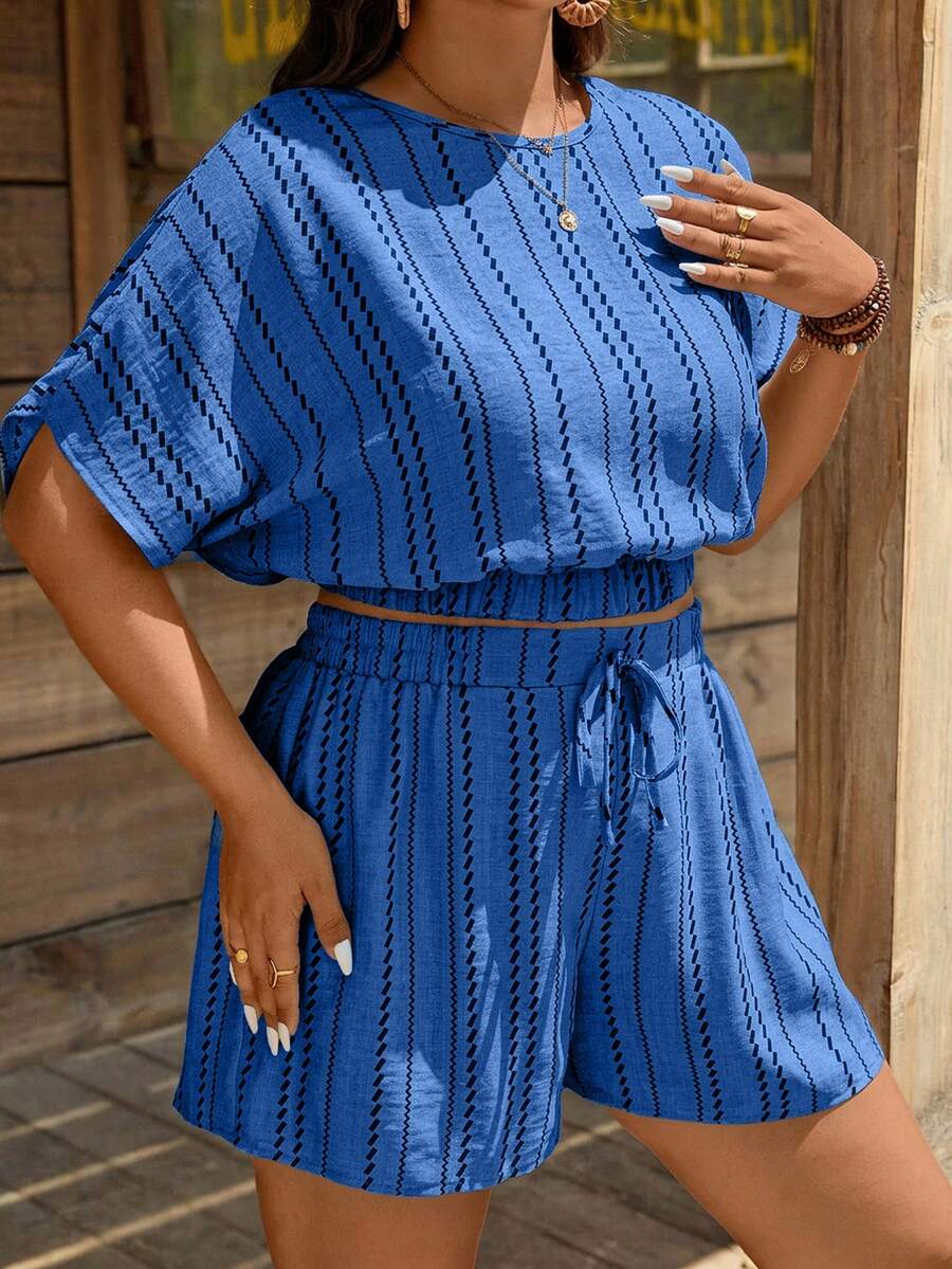 SHEIN LUNE Plus Size Casual Boho Striped Batwing Blouse And Shorts 2 Pieces Set For Summer Vacation Beach Dusty Blue - Blue - View 1