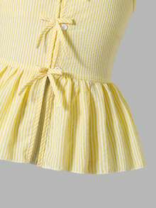 SHEIN Sparklyn 柔软少女无袖蝴蝶结纽扣上衣搭配长裤，两件套，适合外出和海滩度假 - 黃色 - 查看 4