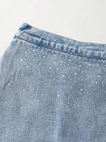 Bộ 2/1 váy quần short denim đính đá, cạp chun co giãn cho bé gái tuổi teen, chất liệu cotton mềm mại, phong cách thường ngày, thời trang đường phố, thiết kế đi nghỉ mát, hàng mới về mùa xuân/hè 2026. - Rửa trung bình - Xem 5