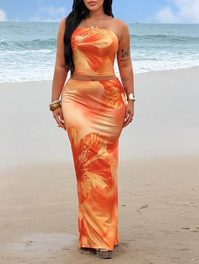 Rustia Plus Size Women Floral Print 2 Pieces Vacation Set