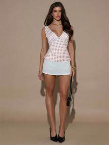 SHEIN BAE Áo hai dây cổ chữ V sâu in họa tiết chấm bi thanh lịch dành cho nữ, thích hợp cho mùa hè. - Đỏ và trắng - Xem 6