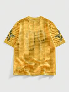 ROMWE MEN Street Life Men's Embroidered Hollow-Out Knit Sweater - Yellow - View 2