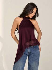 SHEIN PETITE 女士蕾丝拼接不对称下摆休闲百搭日常上衣 - 紫紅色 - 查看 8