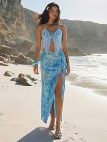 ROMWE Avant 浪漫夏日性感亮片海星度假风不对称下摆吊带背心 - 淺藍色 - 查看 3