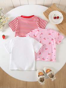 SHEIN Playful Pals 3件套女婴/幼儿柔软宽松休闲百搭短袖T恤上衣，粉色、黑色、灰色，饰有心形和“LOVE”字母图案，适合春夏穿着 - 彩色 - 查看 2