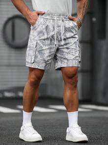 Manfinity LEGND 新款夏季男士迷彩树纹工装短裤，多口袋休闲工装裤，时尚百搭 - 卡其色 - 查看 7