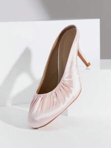 SHUZIA Women Rushed Fabric Soft Plain Closed-Toe Mid Heel Elegant Daily Wear Office Party Pumps - Coral Pink - View 1