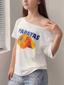 少女字母菠萝印花不对称领短袖T恤 - 白色 - 查看 3
