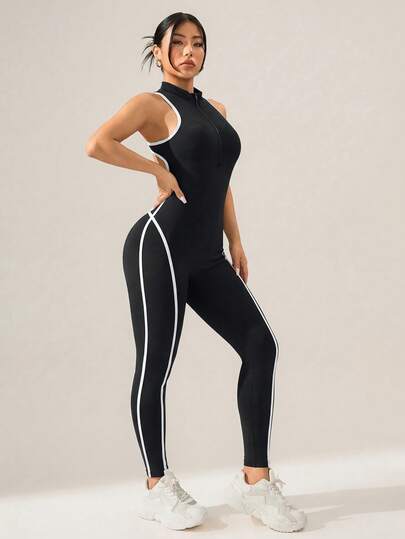 Seamluxe SHEIN Sport Bộ áo liền quần thể thao không tay có khóa kéo phối màu tương phản dành cho nữ