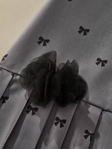 SHEIN 女童甜美法式蝴蝶结印花腰部装饰连衣裙，夏季 - 灰色 - 查看 5