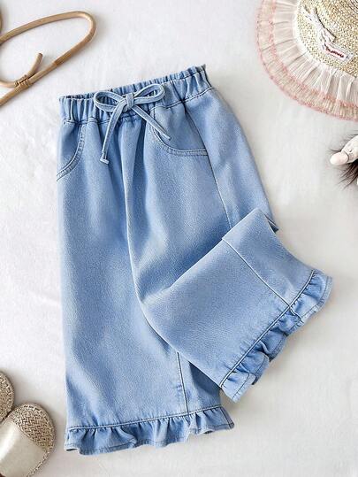 LMoss Kids 2pcs Baby Girls Spring/Summer Cute Ruffle Hem Loose Vacation Casual Bowknot Elastic Waist Loose Wide Leg Pants Denim Set,Summer Vacation Concert Rave Festival Two Pieces,Suitable For Summer Chill, School, Campus, College, Summer Clothes,Suitable For Spring And Summer Boho,Season Vintage//Beach/Sea/Elegant Graduation,Casual's Jumpsuit,Summer Holiday,Spring Clothes,Beach,Vacation,Valentine's Day,Summer Holiday,Beach Vacation Holiday,Graduation