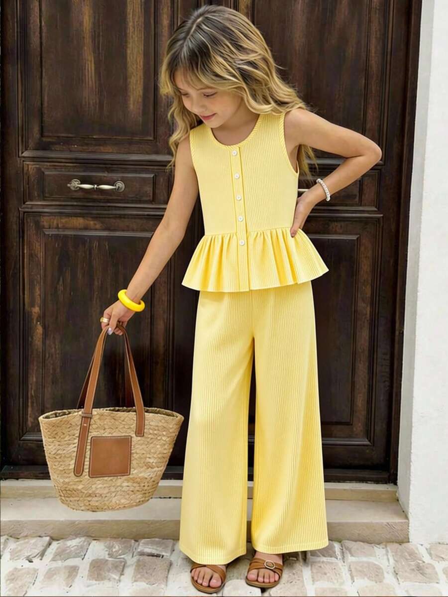 SHEIN Sparklyn 2pcs/Set Girls' Sleeveless Striped Ruffle Hem Top + Wide Leg Pants, Summer Casual Outfit, Children Beach Holiday Style - Yellow - View 1