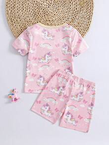 SHEIN Bộ đồ mặc nhà thoải mái cho bé gái, gồm áo thun cổ tròn ôm sát in hình khủng long hoạt hình dễ thương và quần short. - Hồng - Xem 2