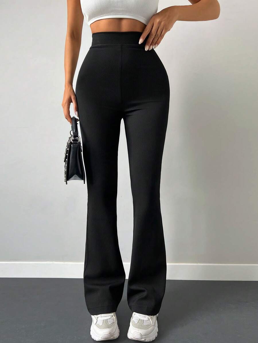 SHEIN Plus Size Women Casual Black Solid Color High Waist Flare Leg Pants - Black - View 1