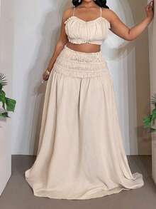 Slaydiva Women's Plus Size Beige Summer Boho Vacation Holiday 2 Pieces Set, Camisole Crop Top With Back Tie&Layered Ruffle Hem A-Line Skirt Outfit Sets - Khaki - View 6