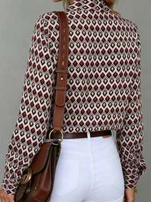 LUMIGAL Allover Geo Print Button Front Long Sleeves Shirt,Long Sleeve Tops Fall Cloth For Women - Multicolor - View 2