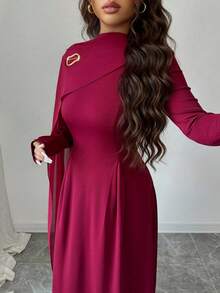 Rafferiza 优雅都市雪纺拼接高领长袖 A 字连衣裙，带金属胸针装饰，适合毕业派对、节日活动、约会、婚礼、秋冬 - 酒紅色 - 查看 6