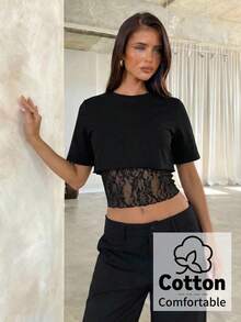 Aloruh 春夏新款优雅时尚通勤休闲女式圆领纯色修身T恤，性感蕾丝拼接紧身T恤 - 黑色 - 查看 10