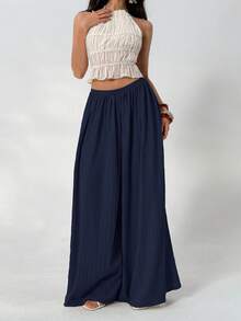 Aloruh Women's Loose Textured Solid Color Casual Pants, Suitable For Spring And Autumn - Navy Blue - View 5