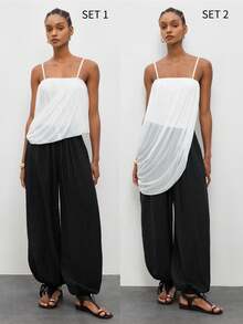 MAIJA Summer Elegant Solid Satin Cowl Neck Slip Cami Top - White - View 1