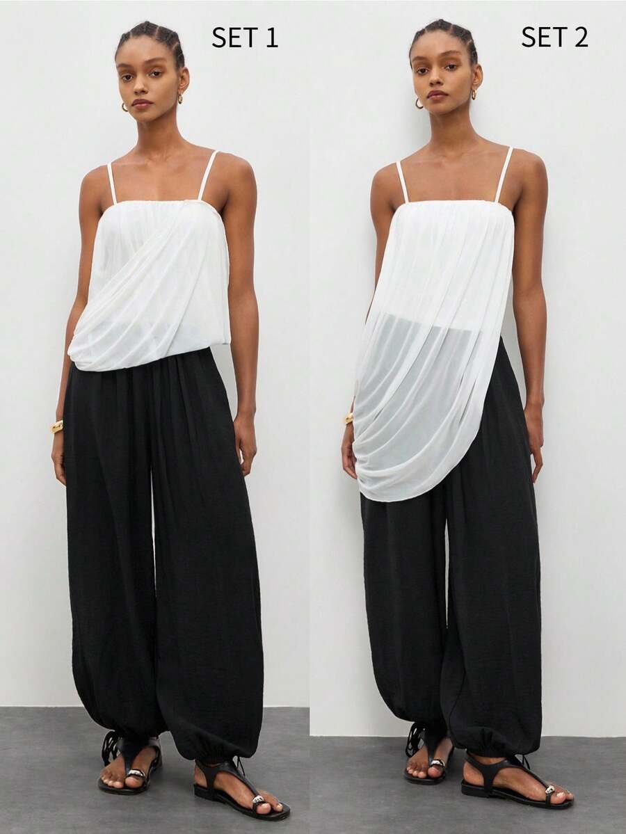 MAIJA Summer Elegant Solid Satin Cowl Neck Slip Cami Top - White - View 1