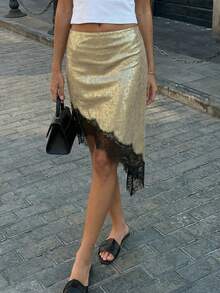 Aloruh 新款优雅性感高腰纯色不对称蕾丝迷你裙，适合派对、通勤、休闲复古风格 - 金色 - 查看 10