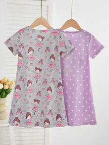 Genkimix Kids Bộ đồ ngủ 2 món cho bé gái, in hình chú cừu hoạt hình dễ thương, gồm áo ngủ dài tay ngắn màu hồng và xám. - Màu tím - Xem 2