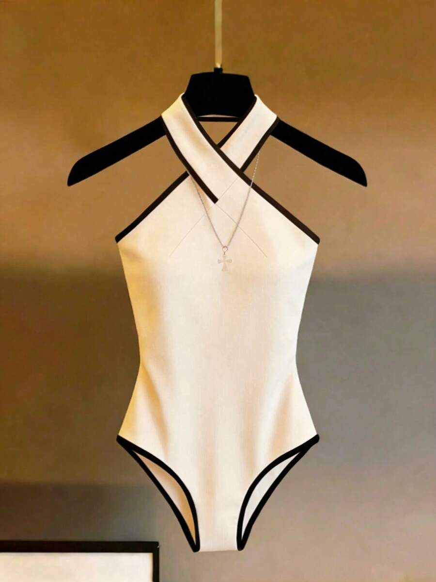 Franclia Áo liền thân không tay ôm sát, cổ yếm, viền chéo, kiểu dáng tối giản, đa năng dành cho nữ. - Màu be - Xem 1