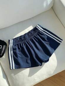 Comfortcana Women's Summer Casual Sports Everyday Commute Waffle Fabric Contrast Striped Side Loose Shorts - Blue - View 4