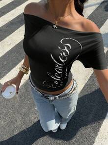 Muchica Áo thun nữ màu đen in họa tiết, kiểu trễ vai. - màu đen - Xem 4